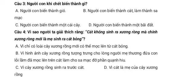 Câu 3: Người con khi chết biến thành gì?
A. Người con biến thành gió.
B. Người con biến thành cát, làm thành sa
mạc
C. Người con biến thành một cái cây.
D. Người con biến thành một bãi đất.
Câu 4: Vì sao người ta giải thích rằng: "Cát không sinh ra xương rồng mà chính
xương rồng mới là mẹ sinh ra cát bỏng"?
A. Vì chỉ có loài cây xương rồng mới có thể mọc lên từ cát bỏng.
B. Vì hình ảnh cây xương rồng tượng trưng cho lòng người mẹ thương đứa con
lỗi lầm đã mọc lên trên cát làm cho sa mạc đỡ phần quạnh hiu.
C. Vì cây xương rồng sinh ra trước cát.
D. Vì cát là mẹ của cây xương