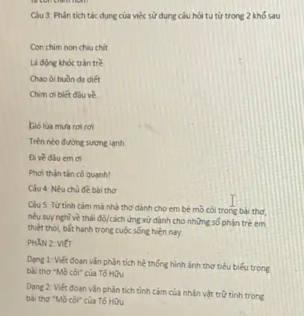 Câu 3: Phân tích tác dụng của việc sử dụng câu hỏi tu từ trong 2 khó sau
Con chim non chiu chit
Lá động khóc tràn trề
Chao ôi buồn da diết
Chim ơi biết đâu về
Gió lùa mưa rơi rơi
Trên néo đường sương lạnh
Đi về đâu em ơi
Phơi thân tàn cô quanh!
Câu 4: Nêu chủ đề bài thơ
Câu 5: Từ tình cảm mà nhà thơ dành cho em bé mồ côi trong bài thơ,
nêu suy nghĩ về thải độ/cách ứng xử dành cho những số phân tré em
thiệt thỏi, bất hạnh trong cuộc sống hiện nay.
PHẦN 2: VIÉT
Dang 1: Viết đoan vǎn phân tích hệ thống hình ảnh thơ tiêu biểu trong
bài thơ "Mồ côi"của Tố Hữu