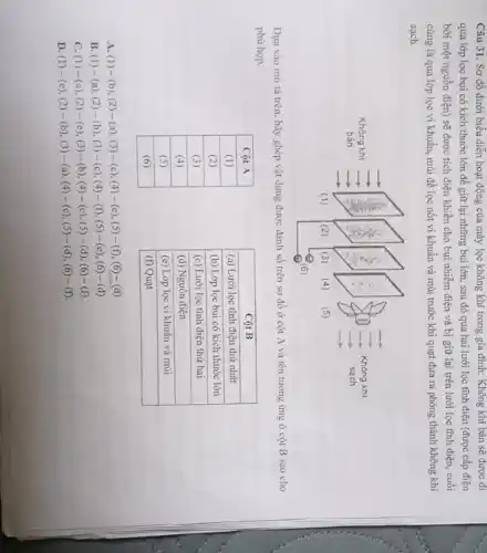 Câu 31. Sơ đồ dưới biểu diễn hoạt động của máy lọc không khí trong gia đình: Không khí bân sẽ được đi qua lớp lọc bụi có kích thước lớn để giữ lại những bụi lớn, sau đó qua hai lưới lọc lọc tính điện (được cấp điện bởi một nguồn điện) sẽ được tích điện khiến cho bụi nhiễm điện và bị giữ lại trên lưới lọc tính điện, cuối cùng là qua lớp lọc vi khuẩn, mùi để lọc nốt vi khuẩn và mùi trước khi quạt đưa ra phòng thành không khí sạch.
Dựa vào mô tả trên, hãy ghép vật dụng được đánh số trên sơ đồ ở cột mathrm(A) và tên tương úng ở cột mathrm(B) sao cho phù hợp.

 Cột A 
 (1) 
 (2) 
 (3) 
 (4) 
 (5) 
 (6) 



 Cột B 
 (a) Lưới lọc tính điện thứ nhất 
 (b) Lớp lọc bụi có kích thước lớn 
 (c) Lưới lọc tính điện thứ hai 
 (d) Nguồn điện 
 (e) Lớp lọc vì khuẩn và mùi 
 (f) Quạt 


A. (1) - (b), (2)-(a), (3)-(c), (4)-(e), (5)-(f), (6)-(d).
B. (1) - (a), (2)-(b), (3)-(c), (4)-(f), (5)-(e), (6)-(d).
C. (1) - (a), (2)-(e), (3)-(b), (4)-(c), (5)-(d), (6)-(f).
D. (1) - (e), (2)-(b), (3)-(a), (4)-(c), (5)-(d), (6)-(f).