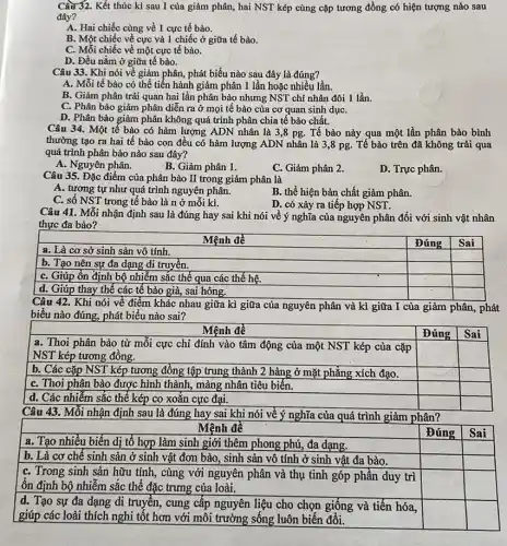 Câu 32. Kết thúc kì sau I của giảm phân, hai NST kép cùng cặp tương đồng có hiện tượng nào sau
đây?
A. Hai chiếc cùng về 1 cực tế bào.
B. Một chiếc về cực và 1 chiếc ở giữa tế bào.
C. Mỗi chiếc về một cực tế bào.
D. Đều nằm ở giữa tế bào.
Câu 33. Khi nói về giảm phân, phát biểu nào sau đây là đúng?
A. Mỗi tế bào có thể tiến hành giảm phân 1 lần hoặc nhiều lần.
B. Giảm phân trải quan hai lần phân bào nhưng NST chỉ nhân đôi 1 lần.
C. Phân bào giảm phân diễn ra ở mọi tế bào của cơ quan sinh dụC.
D. Phân bào giảm phân không quá trình phân chia tế bào chất.
Câu 34. Một tế bào có hàm lượng ADN nhân là 3,8 pg.Tế bào này qua một lần phân bào bình
thường tạo ra hai tế bào con đều có hàm lượng ADN nhân là 3,8 pg. Tế bào trên đã không trải qua
quá trình phân bào nào sau đây?
A. Nguyên phân.
B. Giảm phân 1.
C. Giảm phân 2.
D. Trực phân.
Câu 35. Đặc điểm của phân bào II trong giảm phân là
A. tương tự như quá trình nguyên phân.
B. thể hiện bản chất giảm phân.
C. số NST trong tế bào là n ở mỗi kì.
D. có xảy ra tiếp hợp NST.
Câu 41. Mỗi nhận định sau là đúng hay sai khi nói về ý nghĩa của nguyên phân đối với sinh vật nhân
thực đa bào?
Mệnh đề
a. Là cơ sở sinh sản vô tính.
square 
square 
b. Tạo nên sự đa dạng di truyền.
C. Giúp ốn định bộ nhiễm sắc thể qua các thế hệ.
square 
square 
square 
square 
d. Giúp thay thế các tế bào già, sai hỏng.
square 
square 
Câu 42. Khi nói về điểm khác nhau giữa kì giữa của nguyên phân và kì giữa I của giảm phân,phát
biểu nào đúng, phát biểu nào sai?
Mệnh đề
a. Thoi phân bào từ mỗi cực chỉ đính vào tâm động của một NST kép của cặp
NST kép tương đồng.
square 
square 
square 
square 
square 
square 
square 
square 
square 
square 
square 
square 
square 
square 
square 
square