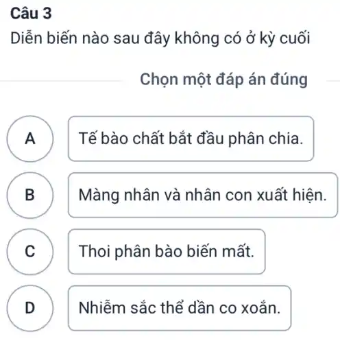 Câu 3
A
Diễn biến nào sau đây không có ở kỳ cuối
Chọn một đáp án đúng
A Tế bào chất bắt đầu phân chia.
B Màng nhân và nhân con xuất hiện. B
C Thoi phân bào biến mất. C
D D
Nhiễm sắc thể dần co xoắn.