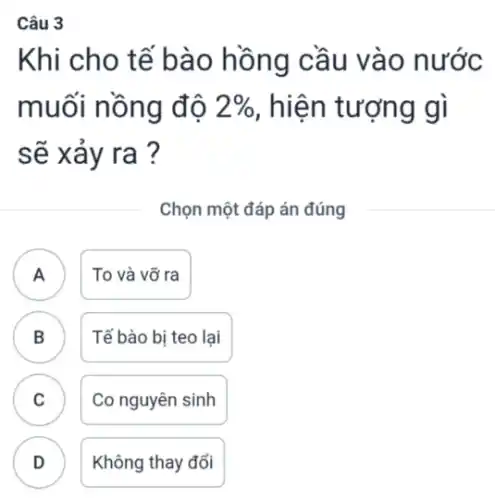 Câu 3
Khi cho tế bào hồng cầu vào nước
muối nồng độ 2%  , hiện tượng gì
sẽ xảy ra ?
Chọn một đáp án đúng
A ) To và vỡ ra
B Tế bào bị teo lại
v
C Co nguyên sinh
.
D ) Không thay đổi