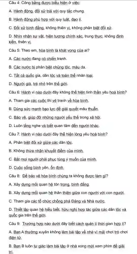 Câu 4: Công bằng được biểu hiện ở việc:
A. Hành động, đối xử trái với quy tắc chung.
B. Hành động phù hợp với quy luật.đạo lí.
C. Đối xử bình đẳng., không thiên vị,không phân biệt đối xử.
D. Nhìn nhân sự vật, hiện tương chính xác,trung thực , không định
kiến, thiên vị.
Câu 5:Theo em,hòa bình là khát vong của ai?
A. Các nước đang có chiến tranh.
B. Các nước bị phân biệt chủng tộc,màu da.
C. Tất cả quốc gia , dân tộc và toàn thể nhân loại,
D. Người già, trẻ nhỏ trên thế giới.
Câu 6:Hành vi nào dưới đây không thể hiện tinh thần yêu hoà bình?
A. Tham gia các cuộc thi vẽ tranh về hòa bình.
B. Dùng sức mạnh bao lực để giải quyết mâu thuẫn.
C. Bảo vệ,giúp đỡ những người yếu thế trong xã hội.
D. Luôn lắng nghe và biết quan tâm đến người kháC.
Câu 7:Hành vi nào dưới đây thể hiện lòng yêu hoà bình?
A. Phân biệt đối xử giữa các dân tộC.
B. Không thừa nhận khuyết điểm của mình.
C. Bắt mọi người phải phục tùng ý muốn của mình
D. Cuộc sống bình yên, ổn định.
Câu 8:Để bảo vệ hòa bình chúng ta không được làm gì?
A. Xây dựng mối quan hệ tôn trong , bình đẳng,
B. Xây dựng mối quan hệ thân thiện giữa con người với con người.
C. Tham gia các tổ chức chống phá Đảng và Nhà nướC.
D. Thiết lập quan hệ hiểu biết, hữu nghị hợp tác giữa các dân tộc và
quốc gia trên thế giới.
Câu 9:Trường hợp nào dưới đây biết cách quản lí thời gian hơp lí?
A. Bạn A thường xuyên không làm bài tập về nhà vì mải chơi trò chơi
điện tử.
B. Ban B luôn tự giác làm bài tập ở nhà xong mới xem phim để giải
trí.