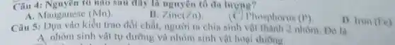 Câu 4: Nguyên to nào sau đây là nguyên tố đa lượng?
A. Manganese (Mn)
B. Zinc(Zn)
(C) Phosphorus (P)
1). Iron (1e)
Câu 5:Dựa vào kiểu trao đồi chất, người ta chia sinh vật thành 2 nhóm. Do là
A. nhóm sinh vật tự dưỡng và nhóm sinh vật hoai durong