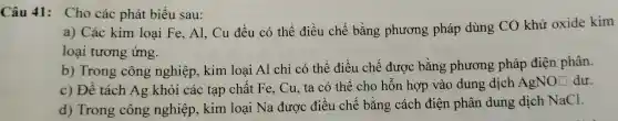 Câu 41 : Cho các ph át biểu sau:
a ) Các kim loa i Fe,A . Cu đề u có thể điề u chế : bằng phương pháp dùng CO khử ox ide kim
loại tư mg ứng.
b Trong g côn g nghiệ p,kim loại Al ch i có thể điều 1 chế đu rợc bằng ; phươn g pháp điện phân.
c) Để tách A gkh ỏi các tạp chất Fe, C u, ta có thể ch ) hỗn hơn vào dung dịch AgN Ondur.
d) Tron g công nghiệp,tan có ai Na được điều chế : bằng cách điệ n phân dung dịch NaCl.