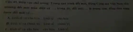 Câu 43. Điền vào chỗ trống: Trong quá trình đổi mới . Dảng Cộng sản Việt Nam chủ
trương đổi mới toàn diện cả __ trong đó, đổi mới __ là trung tâm, đồng thời từng
bước đôi mới về __
A. kinh tế và vǎn hóa...kinh tế... vǎn hóa
B. kinh tẻ và chính trị...kinh tế...chính trị
C. kinh tế và vận hóa ...vǎn hóa __ kinh tế