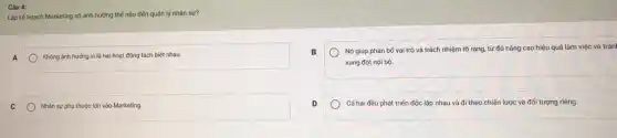 Câu 4:
Lập kế hoạch Marketing số ảnh hưởng thế nào đến quản lý nhân sự?
A
Không ảnh hưởng vì là hai hoạt động tách biệt nhau.
B
) Nó giúp phân bố vai trò và trách nhiệm rõ ràng, từ đó nâng cao hiệu quả làm việc và trán
xung đột nội bộ.
C
Nhân sự phụ thuộc lớn vào Marketing.
D
Cả hai đều phát triển độc lập nhau và đi theo chiến lược và đối tượng riêng.