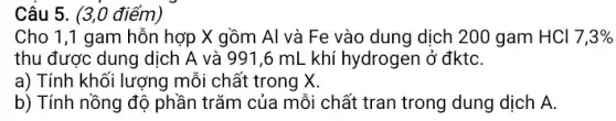 Câu 5. (3,0 điểm)
Cho 1,1 gam hỗn hợp X gồm Al và Fe vào dung dịch 200 gam HCl 7,3% 
thu được dung dịch A và 991,6 mL khí hydrogen ở đktC.
a) Tính khối lượng mỗi chất trong X.
b) Tính nồng độ phần trǎm của mỗi chất tran trong dung dịch A.