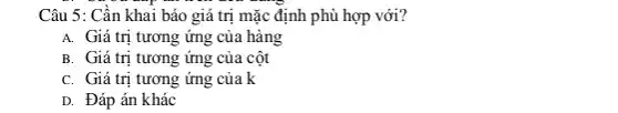 Câu 5: Cần khai báo giá trị mặc định phù hợp với?
A. Giá trị tương ứng của hàng
B. Giá trị tương ứng của cột
C. Giá trị tương ứng của k
D. Đáp án khác