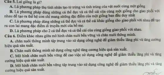 Câu 5. Lai giống là gì?
A. Là phương pháp thụ tinh nhân tạo từ trứng và tinh trùng của vật nuôi cùng một giống
B. Là phương pháp dùng những cá thể đực và cá thể cái của cùng một giống cho giao phối với
nhau để tạo ra thế hệ con chi mang những đặc điểm của một giống ban đầu duy nhất
C. Là phương pháp dùng những cá thể đực và cá thể cái khác giống cho giao phối với nhau đề tạo
ra con lai mang đặc điểm di truyền mới của bố mẹ.
D. Là phương ; pháp cho 2 cá thể đực và cá thể cái của cùng giống giao phối với nhau.
Câu 6. Điểm khác nhau giữa mô hình chǎn nuôi bền vững và chǎn nuôi thông minh.
A. chǎn nuôi thông minh tập trung vào sử dụng công nghệ để giảm thiểu lãng phí và tǎng cường
hiệu quả sản xuất.
B. Chǎn nuôi thông minh sử dụng công nghệ tǎng cương hiệu quả sản xuất.
C. Mô hình chǎn nuôi bền vững đề cao việc sử dụng công nghệ để giảm thiếu lǎng phí và tǎng
cường hiệu quả sản xuất.
D. Mô hình chǎn nuôi bền vững tập trung vào sử dụng công nghệ đề giảm thiểu lãng phí và tǎng
cường hiệu quả sản xuất.