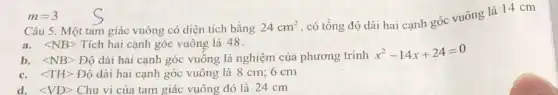 Câu 5. Một tam giác vuông có diện tích bằng 24cm^2
, có tổng độ dài hai cạnh góc vuông là
a. langle NBrangle  Tích hai cạnh góc vuông là 48.
b. lt NBgt Dhat (o) dài hai cạnh góc vuông là nghiệm của phương trình
x^2-14x+24=0
c. langle THrangle  Độ dài hai cạnh góc vuông là 8 cm; 6 cm
d. langle VDrangle  Chu vi của tam giác vuông đó là 24 cm