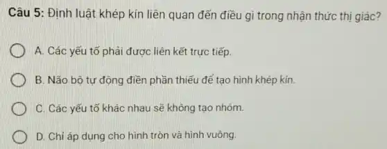 Câu 5: Định luât khép kín liên quan đến điều gì trong nhận thức thị giác?
A. Các yếu tố phải được liên kết trực tiếp.
B. Não bộ tự động điền phần thiếu để tạo hình khép kín.
C. Các yếu tố khác nhau sẽ không tạo nhóm.
D. Chi áp dụng cho hình tròn và hình vuông.