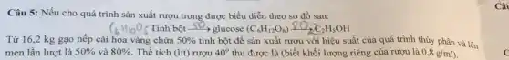 Câu 5: Nếu cho quá trình sản xuất rượu trong được biểu diễn theo sơ đồ sau:
bột
__
glucose (C_(6)H_(12)O_(6))xrightarrow (8)C_(2)H_(5)OH
Từ 16,2 kg gạo nêp cái hoa vàng chứa 50%  tinh bột để sản xuất rượu với hiệu suất của quá trình thủy phân và lên
men lần lượt là 50%  và 80%  . Thể tích (lít) rượu 40^circ  thu được là (biết khối lượng riêng của rượu là 0,8g/ml)
Câ
C