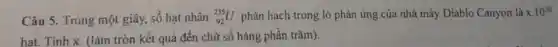 Câu 5. Trong một giây, số hạt nhân (}_{92)^235U phân hạch trong lò phản ứng của nhà máy Diablo Canyon là x.10^20
hat. Tính x. (làm tròn kết quả đến chữ số hàng phần trǎm).