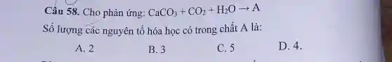 Câu 58. Cho phản ứng: CaCO_(3)+CO_(2)+H_(2)Oarrow A
Số lượng các nguyên tố hóa học có trong chất A là:
A. 2
B. 3
C. 5
D. 4.