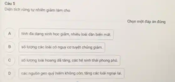 Câu 5
Diện tích rừng tự nhiên giảm làm cho
A
B
tính đa dạng sinh học giảm, nhiều loài dần biến mất.
số lượng các loài có nguy cơ tuyệt chúng giảm.
số lượng loài hoang dã tǎng, các hệ sinh thái phong phú. c
các nguồn gen quý hiếm không còn, tǎng các loài ngoại lai.
D
Chọn một đáp án đúng