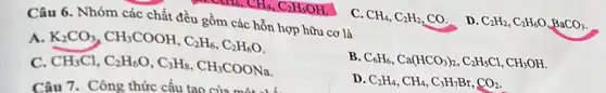 Câu 6. Nhóm các chất đều gồm các hỗn hợp hữu cơ là
A K_(2)CO_(3),CH_(3)COOH,C_(2)H_(6),C_(2)H_(6)O
B C_(6)H_(6),Ca(HCO_(3))_(2),C_(2)H_(5)Cl,CH_(3)OH
CH_(3)Cl,C_(2)H_(6)O,C_(3)H_(8),CH_(3)COONa
D. C_(2)H_(4),CH_(4),C_(3)H_(7)Br,CO_(2).
C. CH_(4),C_(2)H_(2) co. D. C_(2)H_(2),C_(2)H_(6)O,BaCO_(3)
Câu 7. Công thức cấu tạo của