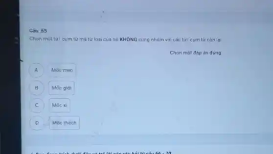 Câu 65
Chon môt từ/ cum từ mà từ loại của nó KHÔNG cùng nhóm với các từ/cum từ còn lại.
Chọn một đáp án đúng
A
Mốc meo
B B
Mốc giới
C C
Mốc xi
D D
Mốc thech