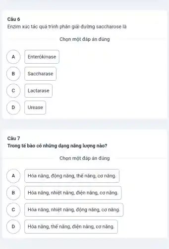 Câu 6
Enzim xúc tác quá trình phân giải đường saccharose là
Chọn một đáp án đúng
A
.
Enterôkinase
B Saccharase
D
C Lactarase
v
D Urease
D
Câu 7
Trong tế bào có những dạng nǎng lượng nào?
A Hóa nǎng, động nǎng, thế nǎng , cơ nǎng.
n
B Hóa nǎng, nhiệt nǎng, điện nǎng , cơ nǎng.
D
C Hóa nǎng, nhiệt nǎng, động nǎng, cơ nǎng.
v
D Hóa nǎng, thê nǎng, điện nǎng , cơ nǎng. D