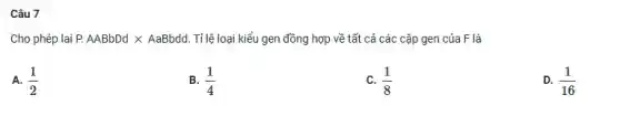 Câu 7
Cho phép lai P.AABbDd X AaBbdd. Tỉlệ loại kiểu gen đồng hợp về tất cả các cặp gen của F là
A. (1)/(2)
B. (1)/(4)
C. (1)/(8)
D. (1)/(16)