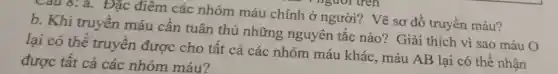 Câu 8: a . Đặc điểm các nhóm máu chính ở người? Vẽ sơ đồ truyền máu?
b. Khi truyền máu cần tuân thủ những nguyên tắc nào? Giải thích vì sao máu O
lại có thể truyền được cho tất cả các nhóm máu khác, máu AB lại có thể nhân
được tất cả các nhóm máu?