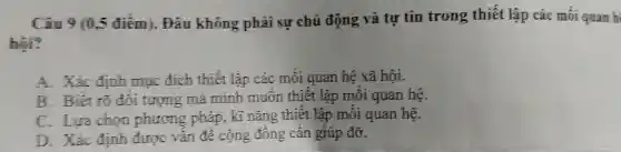 Câu 9 (0.5 điểm). Đâu không phải sự chủ động và tự tin trong thiết lập các mối quan h
hội?
A. Xác định muc đích thiết lập các mối quan hệ xã hội.
B. Biết rõ đối tượng mà mình muốn thiết lập mối quan hệ.
C. Lua chọn phương pháp, kĩ nǎng thiết lập mối quan hệ.
D. Xác định được vấn đê cộng đồng cần giúp đỡ.