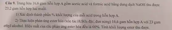 Câu 9. Trung hòa 16,6 gam hỗn hợp A gồn n ac etic aci d và form ic acid bằng du ng dịch Na()H thu được
23.2 gam hỗn hợp hai muối.
1) Xác : định thành p hần %  khối lượt g c ủa mỗi a cid trong hỗn hợp A.
2) Thư c hiện phảr lứng ester hó a (xúc tác H_(2)SO_(4) đặc, đur nóng ) 16,6 gam hỗn hop A vớ i23 gam
cthịalcohol. Hiệu suất của các phàn ứng sst hóa đều là 60%  Tính khối lượng ester thu đượC.