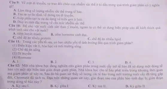 Câu 9: Về mặt di truyền, sự trao đổi chéo của nhiễm sắc thể ở kì đầu trong quá trình giảm phân có ý nghĩa
gi?
A. Làm tǎng số lượng nhiễm sắc thể trong tế bào.
B. Tạo ra sự ổn định về thông tin di truyền.
C. Góp phần tạo ra sự đa dạng về kiểu gen ở loài.
D. Duy tri tính đặc trưng về cấu trúc nhiễm sắc thể.
Câu 10: Để cho vật nuôi sinh sản theo ý muốn, người ta có thể sử dụng biện pháp nào để kích thích quá
trình sinh sản cho vật nuôi?
A. tiêm huyết thanh. B. tiêm hormone sinh dụC.
C. chế độ ǎn nhiều protein.
C. chế độ ǎn nhiều lipid.
Câu 11: Trong các yêu tô sau, có bao nhiêu yếu tố ảnh hưởng đến quá trình giảm phân?
(1) Điều kiện vật lí, hóa học và môi trường sống
(2) Chế độ ǎn uống
(3) Di truyền
(4) Hormone
A. 1.
B. 2.
C. 3.
D. 4.
Câu 12: Một nhà khoa học đang nghiên cứu giảm phân trong nuôi cấy mô tế bào đã sử dụng một dòng tê
bào với một dột biến làm gián đoạn giảm phân. Nhà khoa học cho tế bào phát triển trong khoảng thời gian
mà giảm phân sẽ xảy ra. Sau đó bà quan sát thấy số lượng các tế bào trong môi trường nuôi cấy đã tǎng gấp
đôi, Chromatit đã tách ra. Dựa trên những quan sát này, giai đoạn nào của phân bào sinh dục bị gián đoạn
trong dòng tế bào này?
A. Kỳ sau I.
B. Kỳ giữa I.
C. Kỳ sau II.
D. Kỳ giữa II