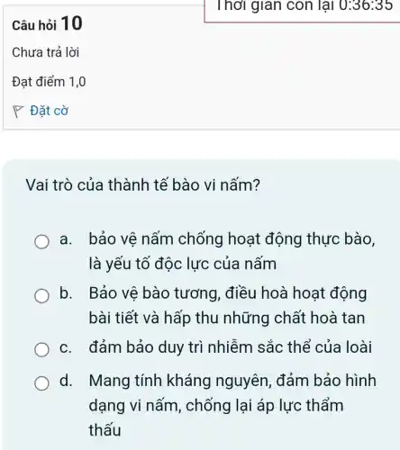 Câu hỏi 10
Vai trò của thành tế bào vi nấm?
a. bảo vệ nấm chống hoạt động thực bào,
là yếu tố độc lực của nấm
b. Bảo vê bào tương, điều hoà hoạt động
bài tiết và hấp thu những chất hoà tan
c. đảm bảo duy trì nhiễm sắc thể của loài
d. Mang tính kháng nguyên , đảm bảo hình
dạng vi nấm , chống lại áp lực thẩm
thấu