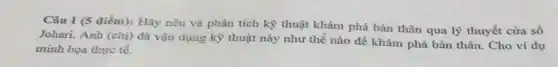 Câu I (5 điểm):Hãy nêu và phân tích kỹ thuật khám phá bản thân qua lý thuyết cửa sổ
Johari. Anh (chị) đã vận dụng kỹ thuật này như thế nào đề khám phá bản thân. Cho ví dụ
minh họa thực tế.