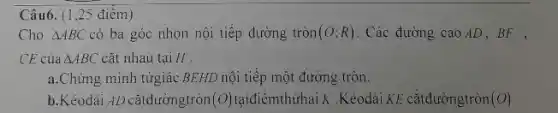 Câu6. (1,25 điêm)
Cho Delta ABC có ba góc nhọn nội tiếp đường tròn (O;R) . Các đường cao AD , BF ,
CE của Delta ABC cắt nhau tại H .
a.Chứng minh tứgiác BEHD nội tiếp một đường tròn.
b.Kéodài AD cắtđườngtròn (O) tạiđiểmthứhai K. Kéodài KE cắtdườngtròn (O)