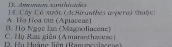 D. Amomum xanthioides
14. Cây Cỏ xước (Achiranthes aspera)thuộc:
A. Họ Hoa tán (Apiaceae)
B. Họ Ngọc Ian (Magnoliaceae)
C. Họ Rau giền (Amaranthaceae )
D. Ho Hoàng liên laceae)