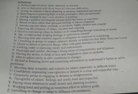 Definitions:
A. Relaxed and not easily upset, annoyed, or worried.
B. Able to find quick and clever ways to overcome difficulties.
C. Acting on impulse without planning in advance; unplanned and natural.
D. Believing in or pursuing high or noble principles, often unrealistically.
E. Feeling assured in one's own abilities or qualities.
F. Having a positive and hopeful attitude about the future or outcomes.
G. Based on facts rather than personal feelings or biases;impartial.
H. Introducing new ideas, methods, or products; highly creative and original.
I. Enjoying the company of others; sociable and outgoing.
J. Good at convincing others to believe or do something through reasoning or charm.
K. Shy or introverted.keeping feelings or opinions to oneself.
L. Showing firm and constant support or allegiance to someone or something.
M. Unwilling to accept or respect opinions.beliefs, or behaviors that differ from one's own.
N. Quick to notice or perceive things, often with great attention to detail.
O. Lacking order or planning; messy and unstructured.
P. Thorough and careful, showing a strong sense of responsibility and diligence.
Q. Having the ability to think of new and imaginative ideas or methods.
R. Able to adjust easily to new conditions or changes.
S. Skilled in breaking down and examining information to understand it better or solve
problems.
T. Showing deep sympathy and concern for others, especially in difficult times.
U. Confidently expressing your opinions or desires in a clear and respectful way.
V. Frequently prone to engaging in debates or disagreements.
W. Thoughtful of others' feelings and needs; kind and respectful.
X. Paying close attention to small details and ensuring accuracy.
Y. Working hard and putting in consistent effort to achieve goals.
Z. Unwilling to change or adapt to different circumstances.