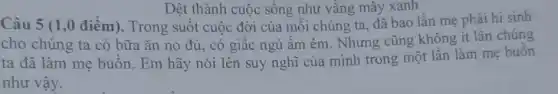 Dệt thành cuộc sống như vầng mây xanh
Câu 5 (1,0 điểm). Trong suốt cuộc đời của mỗi chúng ta,đã bao lần mẹ phải hi sinh
cho chúng ta có bữa ǎn no đủ , có giấc ngủ ấm êm. Nhưng cũng không ít lần chúng
ta đã làm mẹ buồn. Em hãy nói lên suy nghĩ của mình trong một lần làm mẹ buồn
như vậy.