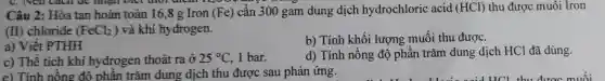 e) Tính nồng độ phần trǎm dung dịch thu được sau phản ứng.
Câu 2: Hòa tan hoàn toàn 16,8 g Iron (Fe) cần 300 gam dung dịch hydrochloric acid (HCl) thu được muối Iron
(II) chloride (FeCl_(2)) và khí hydrogen.
a) Viết PTHH
b) Tính khối lượng muối thu được.
c) Thể tích khí hydrogen thoát ra ở 25^circ C 1 bar.
d) Tính nồng độ phần trǎm dung dịch HCl đã dùng.