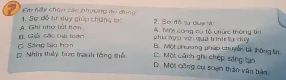 Em hãy chọn các phương án đúng.
1. Sơ đồ tư duy giúp chúng ta:
A. Ghi nhớ tốt hơn.
B. Giải các bài toán
C. Sáng tạo hơn.
D. Nhìn thấy bức tranh tổng thể.
2. Sơ đồ tư duy là:
A. Một công cụ tổ chức thông tin
phù hợp với quá trình tư duy.
B. Một phương pháp chuyển tải thông tin.
C. Một cách ghi chép sáng tạo.
D. Một công cụ soạn thảo vǎn bản.