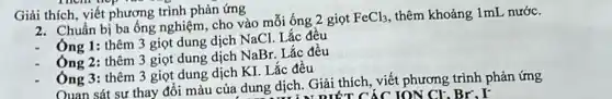 Giải thích, viết phương trình phản ứng
2. Chuẩn bị ba ống nghiệm , cho vào mỗi ống 2 giọt
FeCl_(3), thêm khoảng 1mL nước.
Ông 1: thêm 3 giọt dung dịch NaCl.Lắc đều
Ông 2: thêm 3 giọt dung dịch NaBr.Lắc đều
Ông 3: thêm 3 giọt dung dịch KI. Lắc đều
Quan sát sự thay đổi màu của dung dịch. Giải thích, viết phương trình phản ứng
N DIÉT CÁC ION CLBK , I