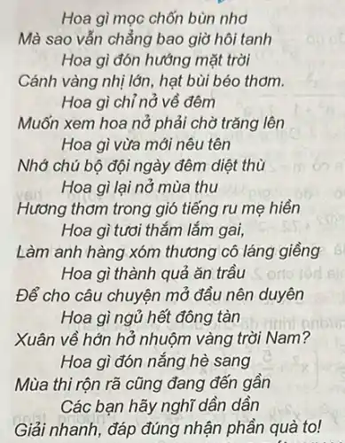 Hoa gì mọc chốn bùn nho
Mà sao vẫn chẳng bao giờ hôi tanh
Hoa gì đón hướng mặt trời
Cánh vàng nhị lớn hạt bùi béo thơm.
Hoa gì chỉ nở về đêm
Muốn xem hoa nổ phải chờ trǎng lên
Hoa gì thành quả ǎn trầu
Để cho câu chuyện mở đầu nên duyên
Hoa gì ngủ hết đông tàn
Xuân về hớn hở nhuộm vàng trời Nam?
Hoa gì đón nắng hè sang
Mùa thi rộn rã cũng đang đến gần
Các bạn hãy nghĩ dần dần
Giải nhanh, đáp đúng nhận phần quà to!