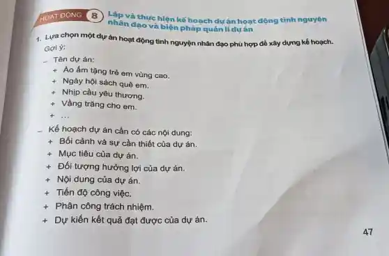 HOAT
nhân đạo và biện pháp quản lí dự án
thực hiện kế hoạch dư án hoạt động tình nguyện
1. Lựa chọn một dự án hoạt động tình nguyện nhân đạo phù hợp để xây dựng kế hoạch.
Gợi ý:
- Tên dự án:
+ Áo ấm tặng trẻ em vùng cao.
+ Ngày hội sách quê em.
+ Nhịp cầu yêu thương.
+ Vầng trǎng cho em.
+ __
- Kế hoạch dự án cần có các nôi dung:
+ Bối cảnh và sư cần thiết của dự án.
+ Mục tiêu của dự án.
+ Đối tượng hưởng lợi của dự án.
+ Nội dung của dự án.
+ Tiến độ công việc.
+ Phân công trách nhiệm.
+ Dự kiến kết quả đạt được của dự án.