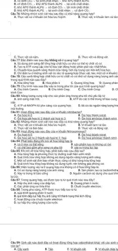 __ khử APG thành ALPG.
C. khử APG thành ALPG ­­­­→ cố định CO_(2) - tái sinh chất nhận.
D. khử APG thành ALPG ­­­­→ tái sinh chất nhận ­­­­→ cố định CO_(2).
Câu 76: Những nhóm sinh vật nào sau đây có khả nǎng quang hợp?
A. Thực vật và vi khuẩn oxi hóa lưu huỳnh.
B. Thực vật, vi khuẩn lam và tảo
C. Thực vật và nấm.
D. Thực vật và động vật.
Câu 77: Đặc điểm nào sau đây không có ở quang hợp?
A. Sử dụng ánh sáng để tổng hợp chất hữu cơ cho cơ thể từ chất vô cơ.
B. Tạo ra ATP cung cấp cho tế bào vận động hoặc phân giải các chất kháC.
C. Chuyển hóa quanh nǎng thành hóa nǎng,tích lũy trong các liên kết hóa họC.
D. Chỉ diễn ra ở những sinh vật có sắc tố quang hợp (thực vật, tảo, một số vi khuẩn).
Câu 78: Cây xanh tổng hợp chất hữu cơ từ chất vô cơ nhờ sử dụng nǎng lượng ánh sái
trong quá trình nào sau đây?
A. Hóa tổng hợp.
D. Quang phân
B. Hóa phân li.
C. Quang tổng hợp.
Câu 79: Chu trình nào sau đây xảy ra trong pha tối của quá trình quang hợp?
B. Chu trình Crep
C. Chu trình Cnop.
D. CH
trình Cori.
Câu 80: Nǎng lượng cung cấp cho các phản ứng trong pha tối chủ yếu lấy từ
A. ánh sáng mặt trời.
cấp.
B. ATP do các ti thế trong tế bào cung
D. tất cả các nguồn nǎng lượng troi
Câu 81: Hoạt động nào sau đây của vi khuẩn nitrobacter?
A. Ôxi hoá H2S.
B. Ôxi hoá thành nitrat.
C. Ôxi hoá sắt hoá trị 2 thành sắt hoá trị 3.
Câu 82: Những nhóm sinh vật nào sau đây có khả nǎng quang hợp?
D. Ôxi hoá amôniac thành nitrit.
A. Thực vật và vi khuẩn oxi hóa lưu huỳnh.
B. Vi khuẩn lam và tảo.
C. Thực vật và đơn bào.
D. Thực vật và động vật.
Câu 83: Hoạt động nào sau đây của vi khuẩn Nitrosomonas?
A. Ôxi hoá H2S.	B. Ôxi hoá thành nitrat.
C. Ôxi hoá sắt trị 2 thành sắt hoá tri 3 hoá.
D. Ôxi hoá amôniac thành nitrit.
Câu 84: Phát biểu đúng khi nói về hoá tổng hợp là
A. có ở mọi cơ thể sống	B. sản phẩm tạo ra không có ôxi,
C. cơ chế bao gồm pha sáng và pha tối. D. xảy ra trong lục lạp.
Câu 85: Khi nói về hóa tổng hợp,phát biểu nào sau đây sai?
A. Hóa tổng hợp là phương thức tự dưỡng xuất hiện sớm nhất.
B. Quá trình hóa tổng hợp không sử dụng nguồn nǎng lượng ánh sáng
C. Một số sinh vật đơn bào nhân thực cũng có khả nǎng hóa tổng hợp
D. Quá trình hóa tổng hợp không sử dụng nước nên không giải phóng oxi.
Câu 86: Hiện tượng xảy ra ở quang hợp mà không có ở hoá tổng hợp là:
A. Có sử dụng nǎng lượng của ánh sáng.
B. Sản phẩm tạo ra cacbonhiđra
C. Xảy ra trong tế bào sống.
là CO2.
D. Nguồn cacbon sử dụng cho quá trìn
Câu 87: Trong quang hợp, oxi được tạo ra từ quá trình nào sau đây?
A. Hấp thụ ánh sáng của diệp lụC.
B. Quang phân li nướC.
C. Các phản ứng oxi hóa khử.
D. Chuôi truyền electron.
Câu 88: Trong pha sáng, ATP được trực tiếp tạo ra từ
A. quá trình quang phân li nướC.
B. quá trình diệp lục hấp thụ ánh sáng trở thành trạng thái kích động.
C. hoạt động của chuỗi truyền electron.
D. sự hấp thụ nǎng lượng của nướC.
Câu 89: Sinh vật nào dưới đây có hoạt động tổng hợp cabonhidrat khác với các sinh v
còn lại?
A. Cây xanh.
B. Tảo.
C. Vi khuẩn sắt.
D. Vi khuẩn diệp lụ