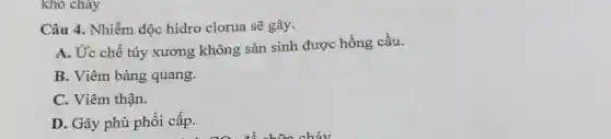 khỏ cháy
Câu 4. Nhiễm độc hidro clorua sẽ gây.
A. Ức chế tủy xương không sản sinh được hồng cầu.
B. Viêm bàng quang.
C. Viêm thận.
D. Gây phù phổi cấp.