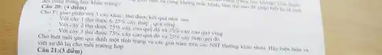 không mắc bệnh, làm thế nào để nhân biết họ là sinh
khác trứng?
Câu 20: (4 điểm)
Cho Fi giao phân với 3 cây khác thu được kết quả như sau
Với cây 1 thu được 6,25%  cây thấp , quả vàng
Với cây 2 thu được 75%  cây cao quả đỏ và 25%  cây cao quả vàng
Với cây 3 thu được 75%  cây cao quả đỏ và 25%  cây thấp quả đỏ
Cho biết mỗi gen qui định một tính trạng và các gen nằm trên các NST thường khác nhau. Hãy biên luận và
viết sơ đò lai cho mỗi trường hợp
Câu 21:(3 điểm)