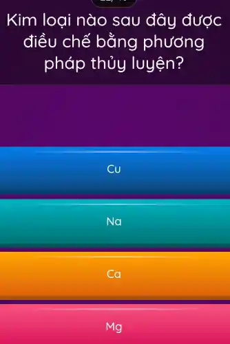 Kim loại nào sau đây được
điều chế bằng phương
pháp thủy luyện?
Cu
Na
Mg