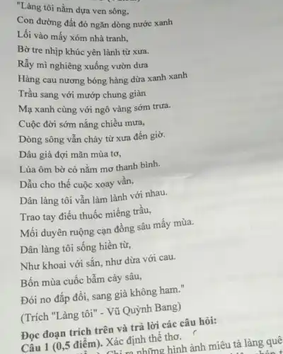 "Làng tôi nằm dựa ven sông,
Con đường đất đó ngǎn dòng nước xanh
Lối vào mấy xóm nhà tranh,
Bờ tre nhịp khúc yên lành từ xưa.
Rẫy mì nghiêng xuống vườn dưa
Hàng cau nương bóng hàng dừa xanh xanh
Trầu sang với mướp chung giàn
Mạ xanh cùng với ngô vàng sớm trưa.
Cuộc đời sớm nắng chiều mưa,
Dòng sông vẫn chảy từ xưa đến giờ.
Dâu già đợi mãn mùa tơ.
Lúa ôm bờ cỏ nằm mơ thanh bình.
Dẫu cho thế cuộc xoay vần,
Dân làng tôi vẫn làm lành với nhau.
Trao tay điều thuốc miếng trầu,
Mối duyên ruộng cạn đồng sâu mấy mùa.
Dân làng tôi sống hiền từ.
Như khoai với sắn như dừa với cau.
Bốn mùa cuốc bẫm cày sâu,
Đói no đắp đổi,sang già không ham."
(Trích "Làng tôi"- Vũ Quỳnh Bang)
Đọc đoạn trích trên và trả lời các câu hỏi:
Câu 1 (0,5 điểm ). Xác định thể thơ.
1 m những hình ảnh miêu tả làng quê