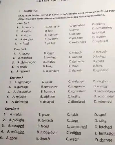 LUYEN
Choose the best answer A, B, C or D to indicate the word whose underlined par
differs from the other three in pronunciation in the following questions.
I. PHONETICS
Exercise 1
1. A. process
2. A. castle
3. A. virtual
4. A. decisive
5. A. fixed
Exercise 2
1. A. young
B. rough
C. enough
D. through
2. A. watched
B. washed
C. wanted
D. looked
3. A. champagne
B. chorus
C. character
D. chaos
4. A. reads
B. leaks
C. stays
D. lives
5. A. depend
B. secondary
C. deposit
D. respond
Exercise 3
1. A. campaign
B. waste
C. endanger
D. vacation
2. A. garbage
B. gorgeous
C. fragrance
D. energy
3. A. decorative
B. homage
C. consistent
D. technology
4. A. reliable
B. addition
C. facility
D. accomplish
5. A. delivered
B. delayed
C. dismissed
D. returned
Exercise 4
1. A. match
B. graze
C. habit
D. carol
2. A. ploughs
B. contacts
C. stops
D. talks
3. A. escaped
B. faced
C. sunbathed
D. fetched
4. A. pollution
B. suggestion
C. edition
D. limitatior
5. A.choir
B. church
C. watch
D. change
B. economic
B. lack
B. question
B. preserve
B. picked
C. optimistic
C. army
C. nature
C. propose
C. exchanged
D. priority
D. demanding
D. habitat
D. tourism
D. replaced