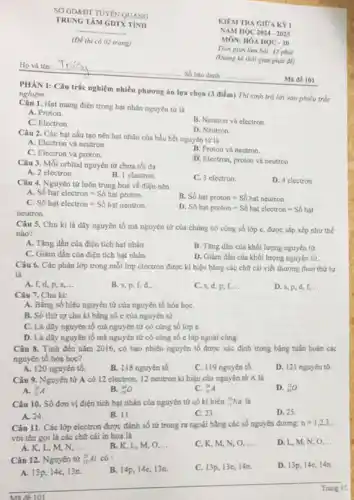 Made 101
SOGDADT TUYEN QUANG
TRUNG TÂM
1. Hạt mang điện trong hạt nhân nguyên tử là
A. Proton.
C. Electron
B. Neutron và electron
PHÀN I: Câu trắc nghiệm nhiều phương án lựa chọn (3 điểm)Thi sinh trá lời vào phiếu trắc
nghiệm
D. Neutron
Câu 2. Các hạt cấu tạo nên hạt nhân của hầu hết nguyên tứ là:
A. Electron và neutron
B. Proton và neutron.
C. Electron và proton.
D. Electron, proton và neutron.
Câu 3. Mỗi orbital nguyên tứ chứa tối đa
A. 2 electron.
B. 1 electron
C. 3 electron
D. 4 electron.
Câu 4. Nguyên tử luôn trung hoà về điện nên
A. Sacute (hat (o))hunderset (.)(a)telectron=Sacute (hat (o))hunderset (.)(hat (o))tproton.
C. Sacute (hat (o))hunderset (.)(a)telectron=Sacute (hat (o))hunderset (.)(a)tneutron
B. Sacute (hat (o))hunderset (.)(hat (o))tproton=Sacute (hat (o))hunderset (.)(hat (o))tneutron
neutron.
D Sacute (hat (o))hatproton=Sacute (hat (o))hatelectron=Sacute (hat (o))hat
Câu 5. Chu kì là dãy nguyên tố mà nguyên tử của chúng có cùng số lớp c, được sắp xếp như thế
nào?
A. Tǎng dần của điện tích hạt nhân.
B. Tǎng dần của khối lượng nguyên tử.
C. Giảm dần của điện tích hạt nhân.
D. Giảm dần cúa khối lượng nguyên tử.
Câu 6. Các phân lớp trong mỗi lớp electron được kí hiệu bằng các chữ cái viết thường theo thứ tự
là
A. f,d, P, s __
B. s, p,f, d __
C. s, d, p, f, __
D. s,p,d, f __
Câu 7. Chu kì:
A. Bằng số hiệu nguyên tử của nguyên tố hóa họC.
B. Số thứ tự chu kì bằng số c của nguyên tử.
C. Là dãy nguyên tố mà nguyên tử có cùng số lớp C.
D. Là dãy nguyên tố mà nguyên tử có cùng số c lớp ngoài cùng.
Câu 8. Tính đến nǎm 2016, có bao nhiêu nguyên tố được xác định trong bảng tuần hoàn các
nguyên tố hóa học?
A. 120 nguyên tố.
B. 118 nguyên tố.
C. 119 nguyên tố.
D. 121 nguyên tổ.
Câu 9. Nguyên tử A có 12 electron.12 neutron kí hiệu của nguyên tử A là
A. (}_{12)^25A
B. (}_{12)^24O
C. (}_{12)^24A
D. (}_{25)^12O
Câu 10. Số đơn vị điện tích hạt nhân của nguyên tử có kí hiệu (}_{11)^23Na là
D. 25
A. 24
B. 11.
C. 23.
Câu 11. Các lớp electron được đánh số từ trong ra ngoài bằng các số nguyên dương:
n=1,2,3,ldots 
với tên gọi là các chữ cái in hoa là
A. K, L, M.N. __
B. K,L,M o __
C. K, M,N __
D. L, M,N , o __
Câu 12. Nguyên tử (}_{13)^27Al có :
C. 13p, 13e,14n.
D. 13p, 14e,14n
A. 13p, 14e,13n.
B. 14p, 14e,13n
Trang 1/.
KIEM TRA GIOA KYI
MON: HÓA HOC-15
NAM HOC 2024-2025
(không kê thời gian phát đi)
phút