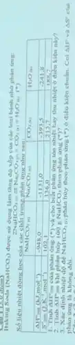 & mathrm(NaHCO)_(3) & mathrm(Na)_(2) mathrm(CO)_(3) & mathrm(CO)_(2) & mathrm(H)_(2) mathrm(O) & (%) 
 frac(mathrm(Al)^2 mathrm(O)_(20)) (kJ.mol-1) & -948,0 & -1131,0 & -393,5 & -241,8 & 
 S^2 308 (J.K. .( )^1 mathrm(~mol)^-1) & 102,1 & 136,0 & 213,7 & 188,7 & 


1. Tinh Delta mathrm(H)^2 2 mathrm(~s) của chùa hừng (mathrm(O)^2) và cho biét phân úng tóa nhięt hay thu nhięt đơ điêu kięn này?
2. Tinh Delta mathrm(H)^2 2 mathrm(~s) khi phân từy 100 mathrm(~g) mathrm(NaHCO)_(3) theo phân úng (( )^*) ? phân úng la không đối.