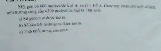 Mot gen có 600 nucleotide loại A, và G=3/2A
môi trường cung cấp 6300 nucleotide loại G.Hay tinh:
Gene này nhân đôi mộ
a) Số gene con được tạo ra.
b) Số liên kết hydrogene được tạo ra
c) Tính khối lượng của gene