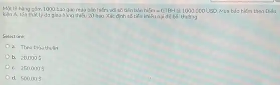 Một lô hàng gồm 1000 bao gao mua bảo hiếm với số tiến bảo hiểm = GTBH là 1000.000USD. Mua bảo hiểm theo Điéu
kiện A, tổn thất lý do giao hàng thiếu 20 bao. Xác định số tiền khiếu nại để bồi thường
Select one:
a. Theo thỏa thuận
b. 20.000 
C. 250.000 
d. 500.00