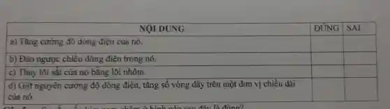 multicolumn(1)(|c|)( NỌI DUNG ) & ĐÚNG & SAI 
 a) Tăng cường độ dòng điện của nó. & & 
 b) Đảo ngược chiều dòng điện trong nó. & & 
 c) Thay lõi sắt của nó bằng lõi nhôm. & & 
 
d) Giữ nguyên cường độ dòng điện, tăng số vòng dây trên một đơn vị chiều dài 
của nó.
 & &